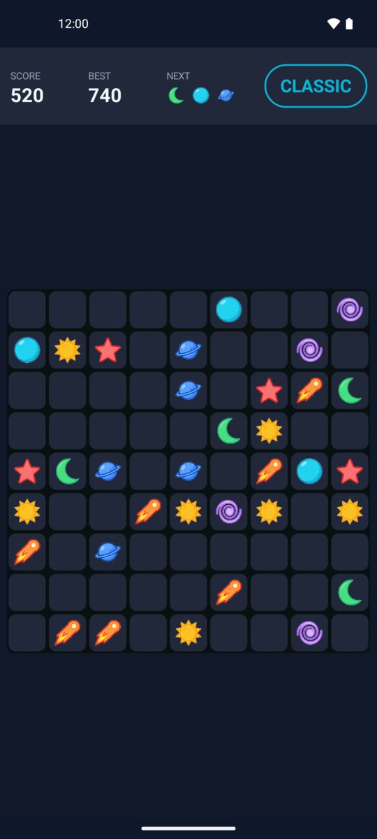 Orbits mid-game: planets of different colours scattered across a grid, with the next three shown above