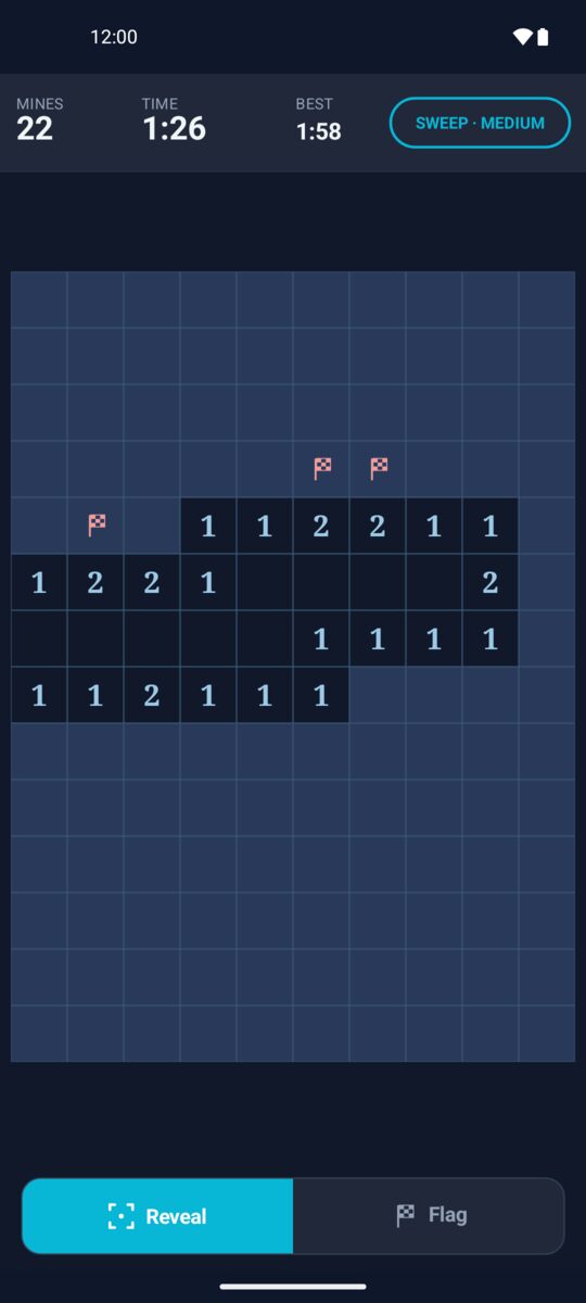 Soundings in Sweep mode: a part-cleared minefield with numbered cells and flags